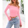 imagePRETTYGARDEN Womens Long Sleeve T Shirts Casual Off Shoulder Ruched Mesh Slim Fit Crop Tops Going Out Summer BlousesPink