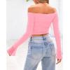 imagePRETTYGARDEN Womens Long Sleeve T Shirts Casual Off Shoulder Ruched Mesh Slim Fit Crop Tops Going Out Summer BlousesPink