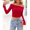 imagePRETTYGARDEN Womens Long Sleeve T Shirts Casual Off Shoulder Ruched Mesh Slim Fit Crop Tops Going Out Summer BlousesRed