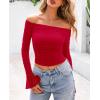 imagePRETTYGARDEN Womens Long Sleeve T Shirts Casual Off Shoulder Ruched Mesh Slim Fit Crop Tops Going Out Summer BlousesRed