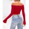 imagePRETTYGARDEN Womens Long Sleeve T Shirts Casual Off Shoulder Ruched Mesh Slim Fit Crop Tops Going Out Summer BlousesRed