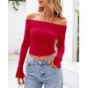 imagePRETTYGARDEN Womens Long Sleeve T Shirts Casual Off Shoulder Ruched Mesh Slim Fit Crop Tops Going Out Summer BlousesRed