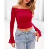 imagePRETTYGARDEN Womens Long Sleeve T Shirts Casual Off Shoulder Ruched Mesh Slim Fit Crop Tops Going Out Summer BlousesRed