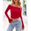 imagePRETTYGARDEN Womens Long Sleeve T Shirts Casual Off Shoulder Ruched Mesh Slim Fit Crop Tops Going Out Summer BlousesRed