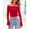 imagePRETTYGARDEN Womens Long Sleeve T Shirts Casual Off Shoulder Ruched Mesh Slim Fit Crop Tops Going Out Summer BlousesRed