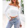 imagePRETTYGARDEN Womens Long Sleeve T Shirts Casual Off Shoulder Ruched Mesh Slim Fit Crop Tops Going Out Summer BlousesWhite