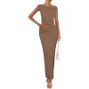 imagePRETTYGARDEN Maxi Skirt Sets Women 2 Piece Outfits Summer 2025 Spring One Shoulder Sleeveless Ruched Bodycon Long SkirtsKhaki