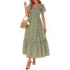 imagePRETTYGARDEN Women Floral Boho Maxi Dresses Summer Short Sleeve V Neck Smocked A Line Long Flowy Beach Vacation DressArmy Green Floral