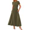 imagePRETTYGARDEN Womens Casual Dresses 2025 Summer Short Sleeve Ruched Patchwork A Line Pleated Swing Maxi Dress with PocketsArmy Green