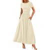 imagePRETTYGARDEN Womens Casual Dresses 2025 Summer Short Sleeve Ruched Patchwork A Line Pleated Swing Maxi Dress with PocketsBeige