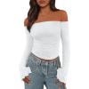 imagePRETTYGARDEN Womens Long Sleeve T Shirts Casual Off Shoulder Ruched Mesh Slim Fit Crop Tops Going Out Summer BlousesWhite