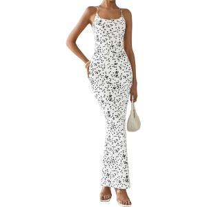 imagePRETTYGARDEN Maxi Dresses for Women 2025 Summer Halter Leopard Print Sleeveless Sexy Bodycon Cruise Cocktail Long DressDot White Black