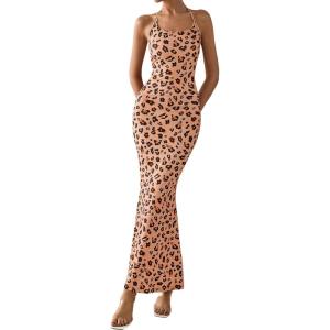 imagePRETTYGARDEN Maxi Dresses for Women 2025 Summer Halter Leopard Print Sleeveless Sexy Bodycon Cruise Cocktail Long DressKhaki Leopard