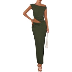 imagePRETTYGARDEN Maxi Skirt Sets Women 2 Piece Outfits Summer 2025 Spring One Shoulder Sleeveless Ruched Bodycon Long SkirtsArmy Green