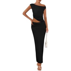 imagePRETTYGARDEN Maxi Skirt Sets Women 2 Piece Outfits Summer 2025 Spring One Shoulder Sleeveless Ruched Bodycon Long SkirtsBlack