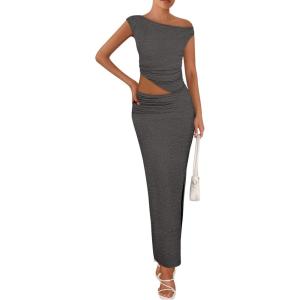 imagePRETTYGARDEN Maxi Skirt Sets Women 2 Piece Outfits Summer 2025 Spring One Shoulder Sleeveless Ruched Bodycon Long SkirtsGrey
