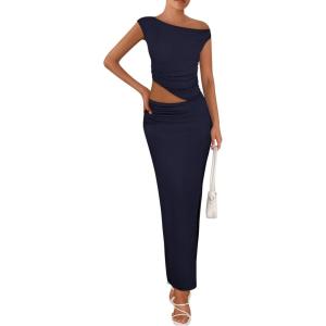 imagePRETTYGARDEN Maxi Skirt Sets Women 2 Piece Outfits Summer 2025 Spring One Shoulder Sleeveless Ruched Bodycon Long SkirtsNavy