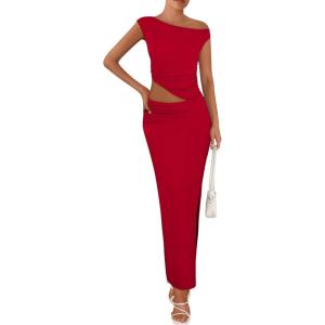 imagePRETTYGARDEN Maxi Skirt Sets Women 2 Piece Outfits Summer 2025 Spring One Shoulder Sleeveless Ruched Bodycon Long SkirtsRed