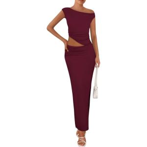 imagePRETTYGARDEN Maxi Skirt Sets Women 2 Piece Outfits Summer 2025 Spring One Shoulder Sleeveless Ruched Bodycon Long SkirtsWine Red