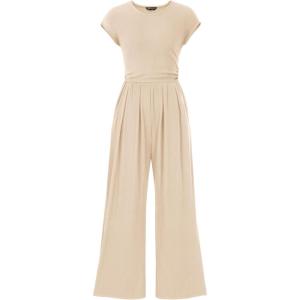 imagePRETTYGARDEN Summer Jumpsuits for Women Dressy 2025 Ribbed Cap Sleeve Wide Leg Pants Rompers Elegant Casual One Piece OutfitsApricot