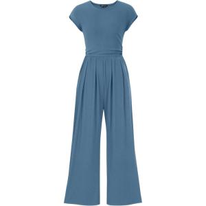 imagePRETTYGARDEN Summer Jumpsuits for Women Dressy 2025 Ribbed Cap Sleeve Wide Leg Pants Rompers Elegant Casual One Piece OutfitsGrey Blue