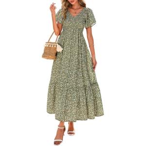 imagePRETTYGARDEN Women Floral Boho Maxi Dresses Summer Short Sleeve V Neck Smocked A Line Long Flowy Beach Vacation DressArmy Green Floral