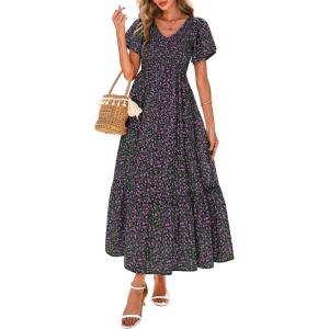 imagePRETTYGARDEN Women Floral Boho Maxi Dresses Summer Short Sleeve V Neck Smocked A Line Long Flowy Beach Vacation DressBlack Purple Floral
