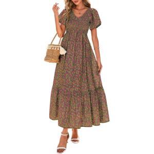 imagePRETTYGARDEN Women Floral Boho Maxi Dresses Summer Short Sleeve V Neck Smocked A Line Long Flowy Beach Vacation DressGreen Red Floral