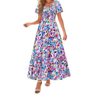 imagePRETTYGARDEN Women Floral Boho Maxi Dresses Summer Short Sleeve V Neck Smocked A Line Long Flowy Beach Vacation DressMulticolored Floral
