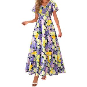 imagePRETTYGARDEN Women Floral Boho Maxi Dresses Summer Short Sleeve V Neck Smocked A Line Long Flowy Beach Vacation DressPurple Yellow Floral