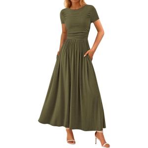 imagePRETTYGARDEN Womens Casual Dresses 2025 Summer Short Sleeve Ruched Patchwork A Line Pleated Swing Maxi Dress with PocketsArmy Green