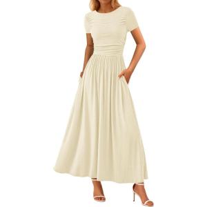 imagePRETTYGARDEN Womens Casual Dresses 2025 Summer Short Sleeve Ruched Patchwork A Line Pleated Swing Maxi Dress with PocketsBeige
