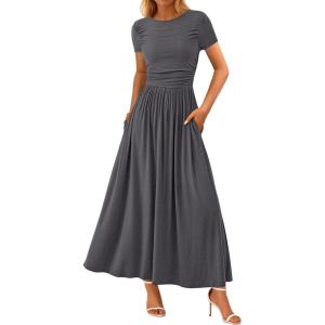 imagePRETTYGARDEN Womens Casual Dresses 2025 Summer Short Sleeve Ruched Patchwork A Line Pleated Swing Maxi Dress with PocketsGrey