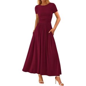 imagePRETTYGARDEN Womens Casual Dresses 2025 Summer Short Sleeve Ruched Patchwork A Line Pleated Swing Maxi Dress with PocketsWine Red