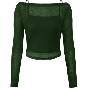 imagePRETTYGARDEN Womens Long Sleeve Sheer Crop Tops Boat Neck See Through Cover Up with Spaghetti Strap Camisole 2 Piece BlousesArmy Green