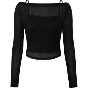 imagePRETTYGARDEN Womens Long Sleeve Sheer Crop Tops Boat Neck See Through Cover Up with Spaghetti Strap Camisole 2 Piece BlousesBlack