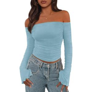 imagePRETTYGARDEN Womens Long Sleeve T Shirts Casual Off Shoulder Ruched Mesh Slim Fit Crop Tops Going Out Summer BlousesLight Blue