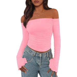 imagePRETTYGARDEN Womens Long Sleeve T Shirts Casual Off Shoulder Ruched Mesh Slim Fit Crop Tops Going Out Summer BlousesPink