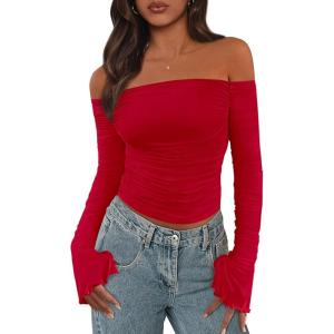 imagePRETTYGARDEN Womens Long Sleeve T Shirts Casual Off Shoulder Ruched Mesh Slim Fit Crop Tops Going Out Summer BlousesRed