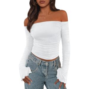 imagePRETTYGARDEN Womens Long Sleeve T Shirts Casual Off Shoulder Ruched Mesh Slim Fit Crop Tops Going Out Summer BlousesWhite