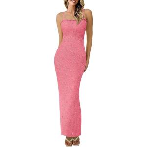 imagePRETTYGARDEN Womens Summer Wedding Guest Dress 2025 Spaghetti Strap Lace Floral Bodycon Formal Cocktail Evening Long DressesPink