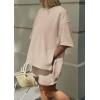 imagePRETTYGARDEN Womens 2 Piece Lounge Sets 2025 Summer Short Sleeve Tunic Tops Drawstring Shorts Matching Outfits TracksuitsBeige