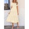 imagePRETTYGARDEN Womens 2025 Summer Casual Midi Dresses Square Neck Short Sleeve Smocked A Line Floral Flowy Elegant Boho DressBeige