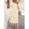 imagePRETTYGARDEN Womens 2025 Summer Casual Midi Dresses Square Neck Short Sleeve Smocked A Line Floral Flowy Elegant Boho DressBeige