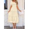 imagePRETTYGARDEN Womens 2025 Summer Casual Midi Dresses Square Neck Short Sleeve Smocked A Line Floral Flowy Elegant Boho DressBeige