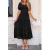 imagePRETTYGARDEN Womens 2025 Summer Casual Midi Dresses Square Neck Short Sleeve Smocked A Line Floral Flowy Elegant Boho DressBlack