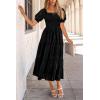 imagePRETTYGARDEN Womens 2025 Summer Casual Midi Dresses Square Neck Short Sleeve Smocked A Line Floral Flowy Elegant Boho DressBlack