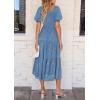 imagePRETTYGARDEN Womens 2025 Summer Casual Midi Dresses Square Neck Short Sleeve Smocked A Line Floral Flowy Elegant Boho DressBlue