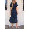 imagePRETTYGARDEN Womens 2025 Summer Casual Midi Dresses Square Neck Short Sleeve Smocked A Line Floral Flowy Elegant Boho DressDark Blue