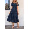 imagePRETTYGARDEN Womens 2025 Summer Casual Midi Dresses Square Neck Short Sleeve Smocked A Line Floral Flowy Elegant Boho DressDark Blue
